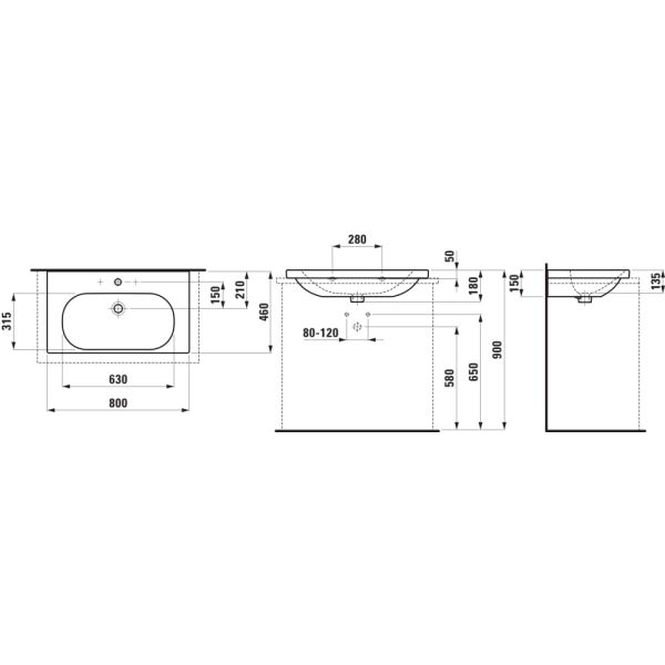 LAUFEN LUA Umývadlo, brúsená spodná hrana bez otvrou pre batériu, bez prepadu a bez otvoru v odtokovom ventile, 800x460 mm, farba Biela LCC, H8160874001421