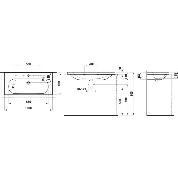 LAUFEN LUA Umývadlo, brúsená spodná hrana s dvoma otvormi pre dve batérie s prepadom, 1000x460 mm, farba Biela, H8160890001071