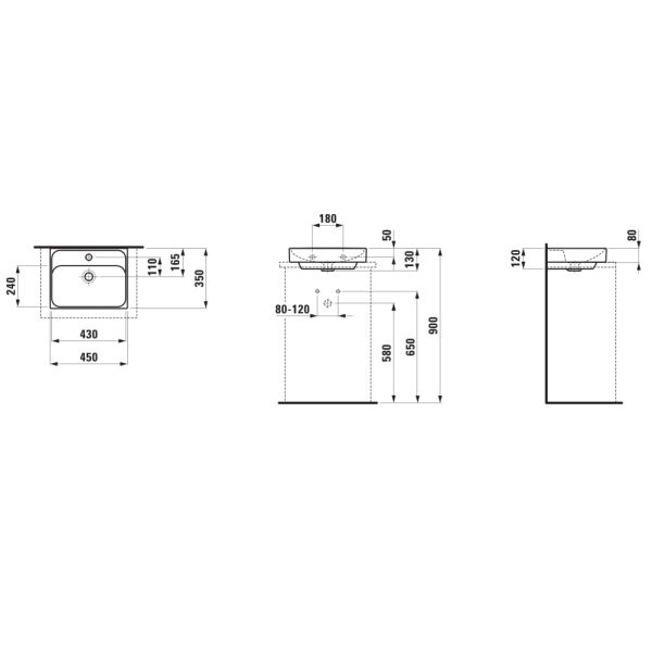 LAUFEN MEDA Umývadielko, brúsená spodná časť umývadla bez otvoru pre batériu, bez prepadu, 450x350 mm, farba Biela matná, H8161117571121