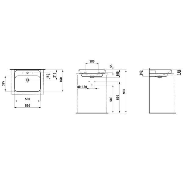 LAUFEN MEDA Umývadlo, brúsená spodná časť umývadla bez otvrou pre batériu s prepadom, 550x460 mm, farba Grafit mat, H8161127581091
