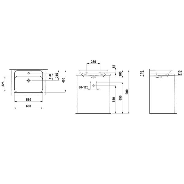LAUFEN MEDA Umývadlo, brúsená spodná časť umývadla s jedným otvorom pre batériu, bez prepadu, 600x460 mm, farba Čierna matná, H8161137161111