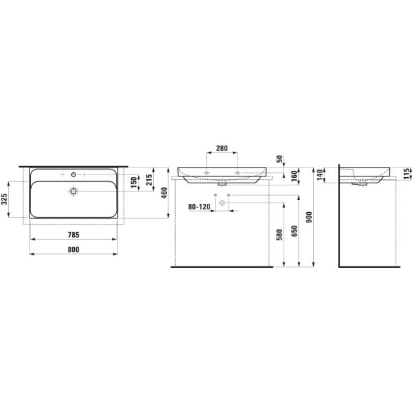 LAUFEN MEDA Umývadlo, brúsená spodná časť umývadla s tromi otvormi pre batériu s prepadom, 800x460 mm, farba Grafit mat, H8161177581081
