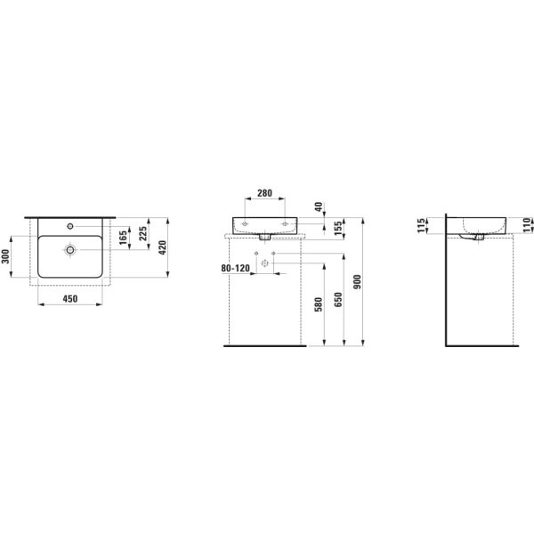 LAUFEN VAL Umývadielko, brúsená spodná hrana s jedným otvorom pre batériu uprostred s prepadom, SaphirKeramik, 450x420 mm, farba Biela LCC, H8162804001041