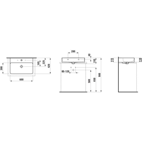LAUFEN VAL Umývadlo, brúsená spodná hrana s tromi otvormi pre batériu s prepadom, SaphirKeramik, 600x420 mm, farba Grafit mat, H8162837581081