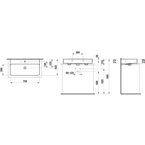 LAUFEN VAL Umývadlo, brúsená spodná hrana s tromi otvormi pre batériu, bez prepadu, SaphirKeramik, 750x420 mm, farba Grafit mat, H8162857581581