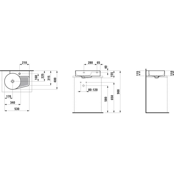 LAUFEN VAL Umývadlo, brúsená spodná časť, s armatúrnou doskou a so zníženou odkladacou plochou s reliéfom vpravo s jedným otvrom pre batériu, bez prepadu a bez otvoru v odtokovom ventile, SaphirKeramik, 530x400 mm, farba Biela LCC, H8162884001561