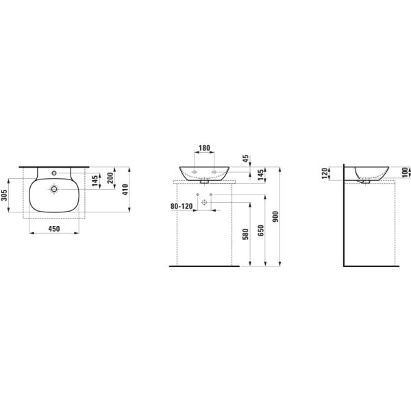 LAUFEN INO Umývadielko, brúsená spodná hrana bez otvrou pre batériu s prepadom, SaphirKeramik, 450x410 mm, farba Biela, H8163000001091