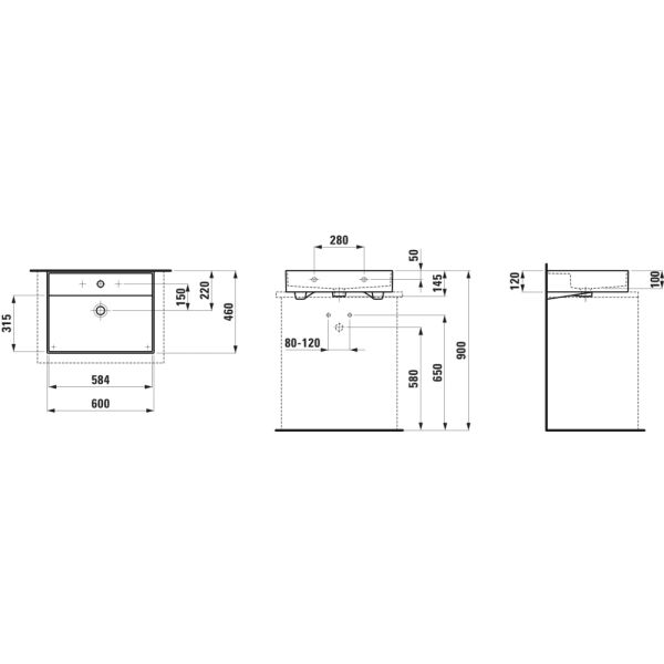 LAUFEN Kartell LAUFEN Umývadlo, brúsená spodná hrana bez otvrou pre batériu s prepadom, SaphirKeramik, 600x460 mm, farba Biela, H8163330001091