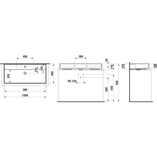 LAUFEN Kartell LAUFEN Umývadlo, brúsená spodná hrana s jedným otvorom pre batériu, bez prepadu, SaphirKeramik, 1000x460 mm, farba Grafit mat, H8163377581111