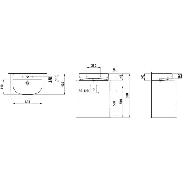 LAUFEN SONAR Umývadlo, brúsená spodná hrana bez otvoru pre batériu, bez prepadu, SaphirKeramik, 600x420 mm, farba Biela LCC, H8163424001121