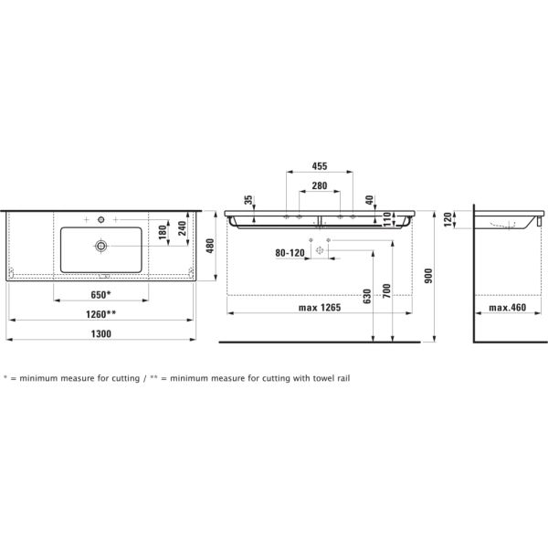 LAUFEN LIVING BY LAUFEN Umývadlo s jedným otvorom pre batériu, bez prepadu, 1300x480 mm, farba Biela, H8164350001111