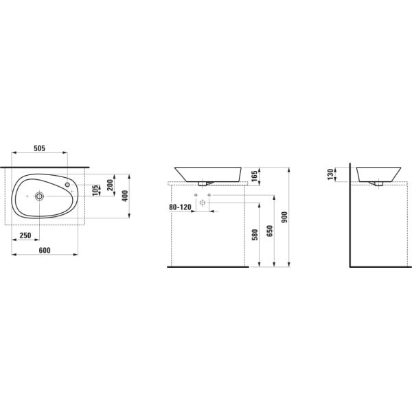LAUFEN PALOMBA COLLECTION Umývadlová misa, s armatúrnou doskou bez otvoru pre batériu, bez prepadu, 600x400 mm, farba Biela LCC, H8168034001121