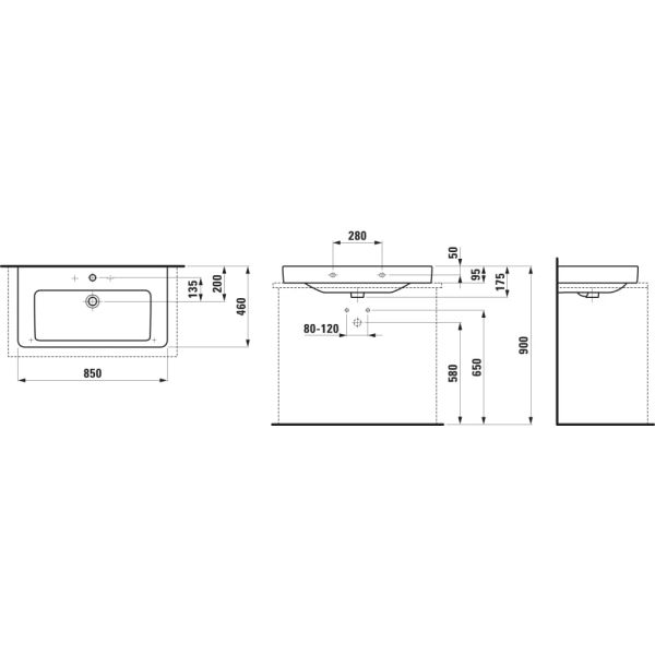 LAUFEN LAUFEN PRO S Umývadlo, brúsená spodná hrana s tromi otvormi pre batériu s prepadom, 850x465 mm, farba Biela LCC Active, H816965A001081