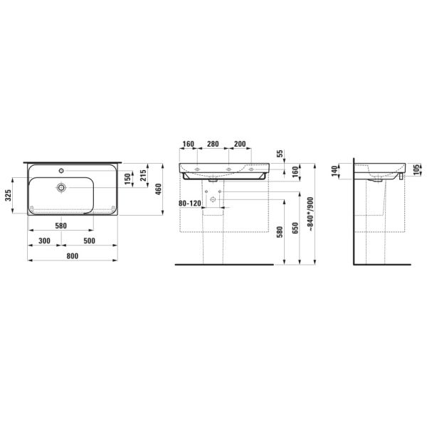 LAUFEN MEDA Umývadlo, odkladacia plocha vpravo bez otvrou pre batériu s prepadom, 800x460 mm, farba Grafit mat, H8171167581091