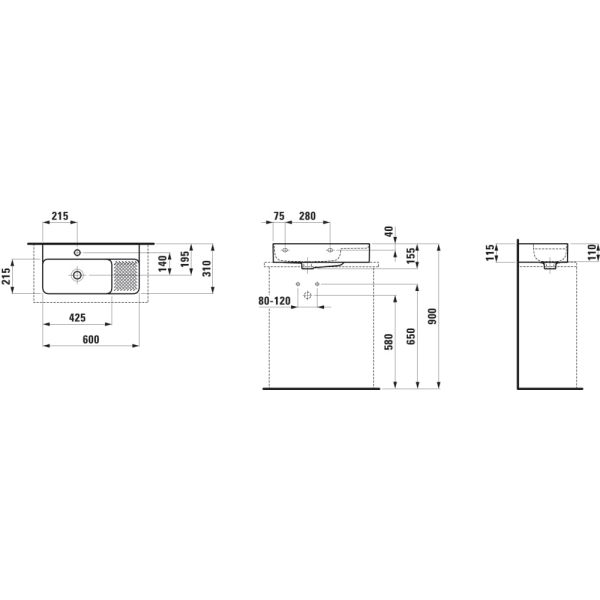 LAUFEN VAL Umývadlo, compact, brúsená spodná časť, so zníženou odkladacou plochou s reliéfom vpravo, 600x310 mm, Biela LCC Active A00, H817285A001091