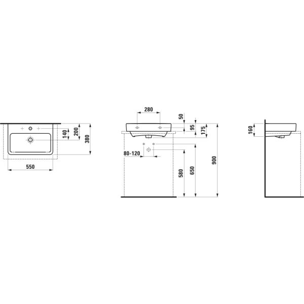LAUFEN LAUFEN PRO S Umývadlo bez otvrou pre batériu s prepadom, 550x380 mm, farba Biela, H8179580001091