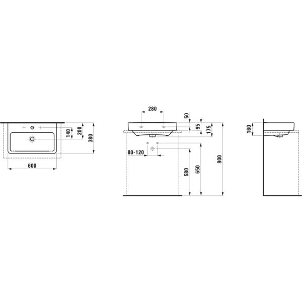 LAUFEN LAUFEN PRO S Umývadlo s jedným otvorom pre batériu uprostred s prepadom, 600x380 mm, farba Biela LCC Active, H817959A001041