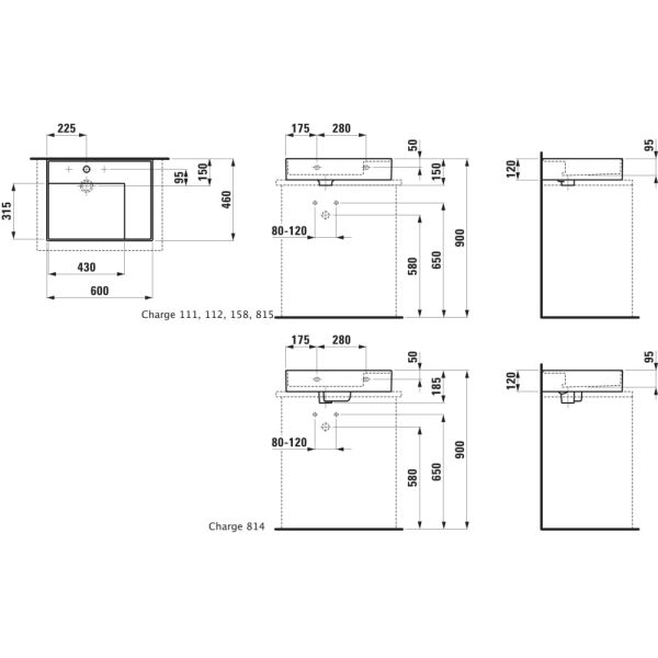 LAUFEN Kartell LAUFEN Umývadlo so skrytým odpadom, odkladacia plocha vpravo, brúsená spodná časť s tromi otvormi pre batériu, bez prepadu, SaphirKeramik, 600x460 mm, farba Čierna matná, H8183347161581