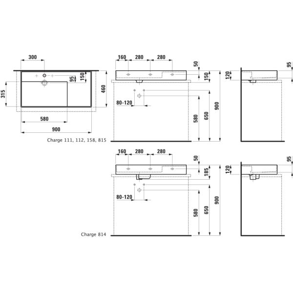 LAUFEN Kartell LAUFEN Umývadlo so skrytým odpadom, odkladacia plocha vpravo, brúsená spodná časť s tromi otvormi pre batériu, bez prepadu, SaphirKeramik, 900x460 mm, farba Biela LCC Active, H818338A001581