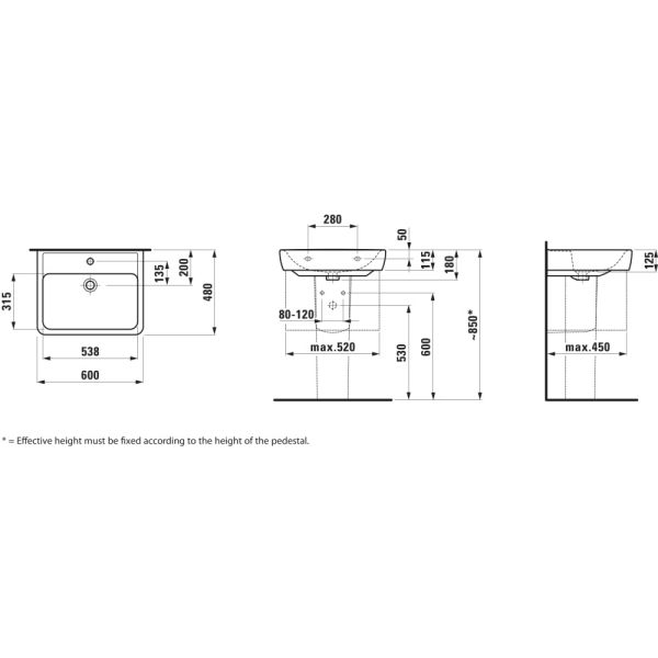 LAUFEN LAUFEN PRO Umývadlo s jedným otvorom pre batériu uprostred s prepadom, 600x480 mm, farba Biela, H8189520001041