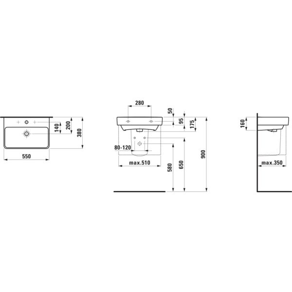 LAUFEN LAUFEN PRO S Umývadlo bez otvrou pre batériu, bez prepadu a bez otvoru v odtokovom ventile, 550x380 mm, farba Biela, H8189580001421