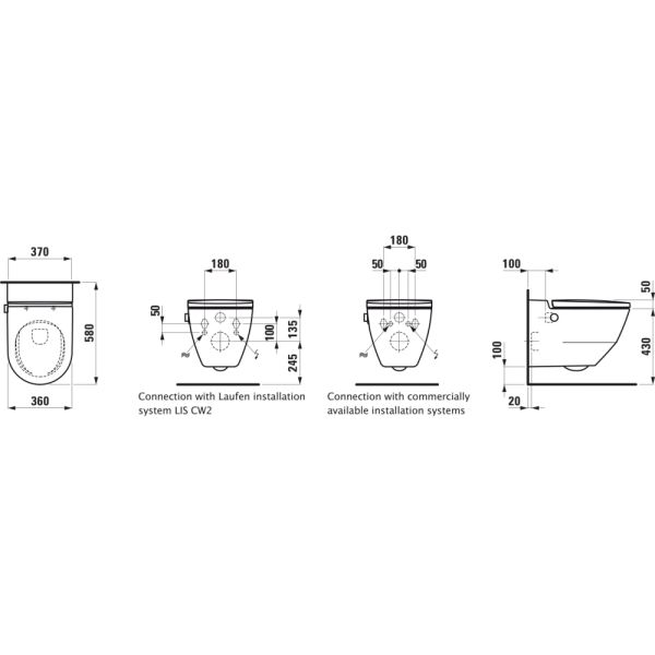 LAUFEN CLEANET NAVIA Závesné WC rimless so zabudovanou bidetovou spŕškou, WC sedadlo s poklopom so spomaľovacím mechanizmom, Biela LCC 400, 580x370 mm, H8206014000001