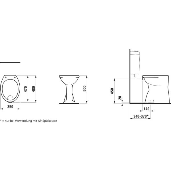 LAUFEN ALBONOVA, Stacionárne WC, ploché splachovanie, zvislý odpad, sedacia výška, Biela 000, 480x350 mm, H8219980000001