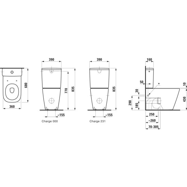 LAUFEN MEDA, WC kombi, 'Silent flush', Rimless, hlboké splachovanie, vodorovný/zvislý odpad Vario 70 - 305 mm, Čierna matná 716, 680x360 mm, H8241117162311