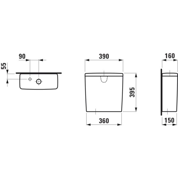 LAUFEN LUA, Nádrž, pripojenie vody dole vľavo, Grafit matná 758, 160x392 mm, H8270837589731