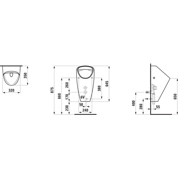 LAUFEN CAPRINO Odsávací pisoár rimless so senzorom, bez otvorov pre poklop, vnútorný odtok vody DN50, vrátane 1-litrového sifónu, antivandal, batériové napájanie (9 V) vrátane Bluetooth modulu, H8410664004011