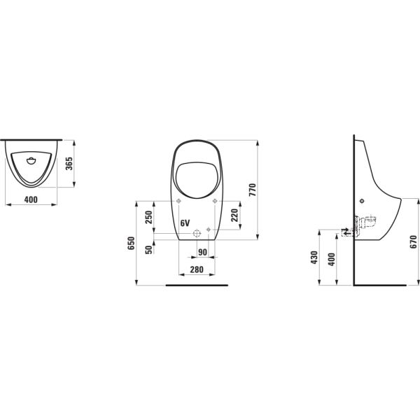 LAUFEN TAMARO Odsávací pisoár rimless so senzorom, bez otvorov pre poklop, vnútorný odtok vody DN50, vrátane 1-litrového sifónu, antivandal, batériové napájanie (9 V) vrátane Bluetooth modulu, H8411240004011