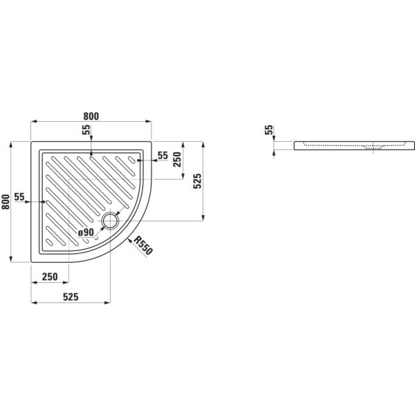 LAUFEN MERANO E Keramická sprchová vanička, štvrťkruhová, 800x800x55 mm, Biela / protišmyková 600, H8559506000001