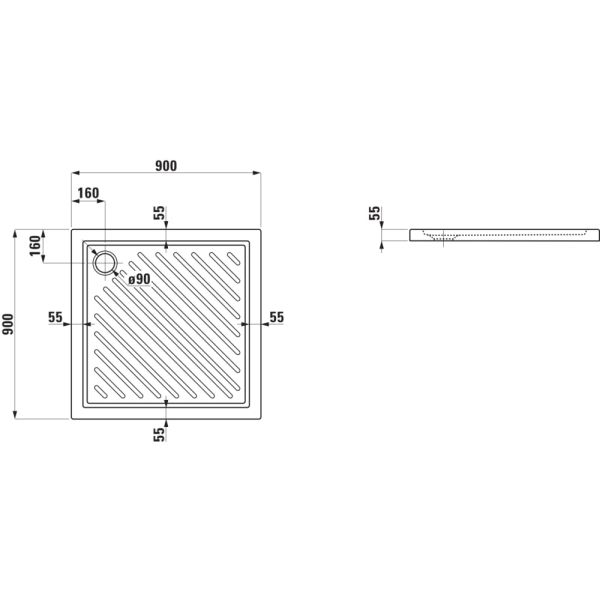 LAUFEN MERANO E Keramická sprchová vanička, štvorcová, 900x900x55 mm, Biela / protišmyková 600, H8559536000001