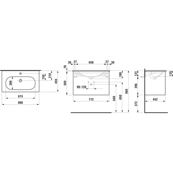 LAUFEN LUA Umývadlo slim so skrinkou 'Lani' 80 cm, s 2 zásuvkami, 800x455x525 mm, Divoký dub 267, H8600872671041