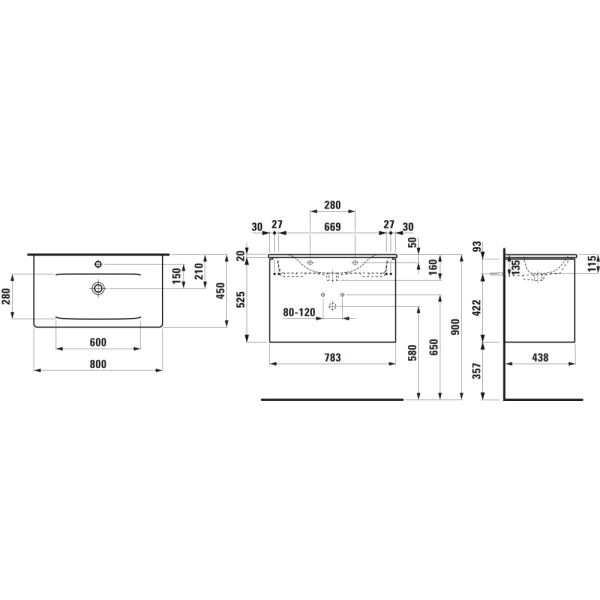 LAUFEN PALACE Umývadlo slim so skrinkou 80 cm, s 2 zásuvkami, vr. deliaceho systému do zásuviek, úchytka z eloxovaného hliníka (lesk), 800x450x545 mm, Biela lesklá 261, H8607052611041