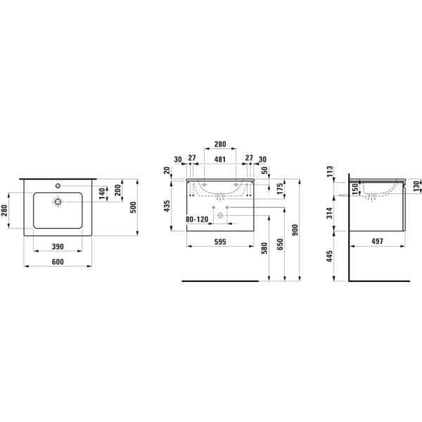 LAUFEN LAUFEN PRO S Umývadlo so skrinkou so zásuvkou, 600x500x460 mm, Wenge 423, H8609614231041