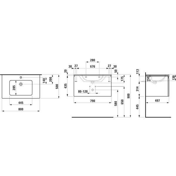 LAUFEN LAUFEN PRO S Umývadlo so skrinkou so zásuvkou + vnútornou zásuvkou, 800x500x460 mm, Biela 463, H8609644631041