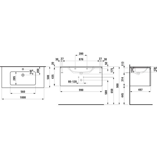 LAUFEN LAUFEN PRO S Umývadlo so skrinkou so zásuvkou + vnútornou zásuvkou, 1000x500x460 mm, Grafit matný 480, H8609664801041