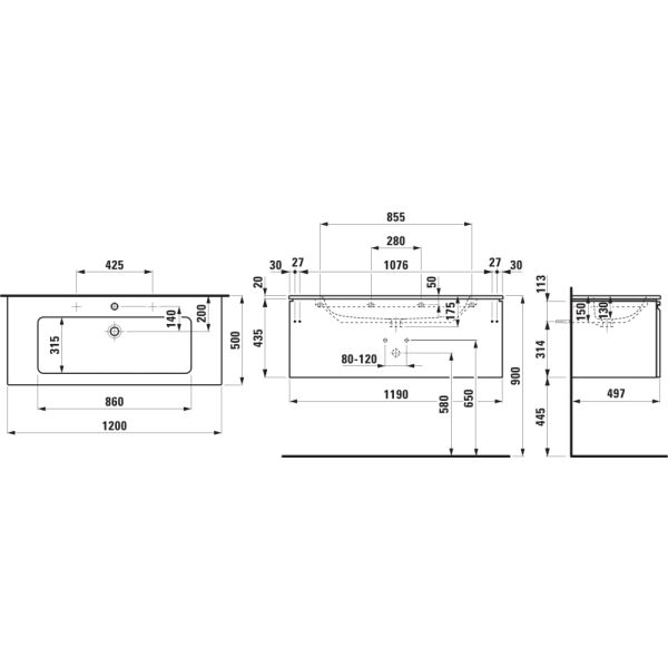 LAUFEN LAUFEN PRO S Umývadlo so skrinkou s 1 zásuvkou, 1200x500x460 mm, Biela 475, H8609674751041