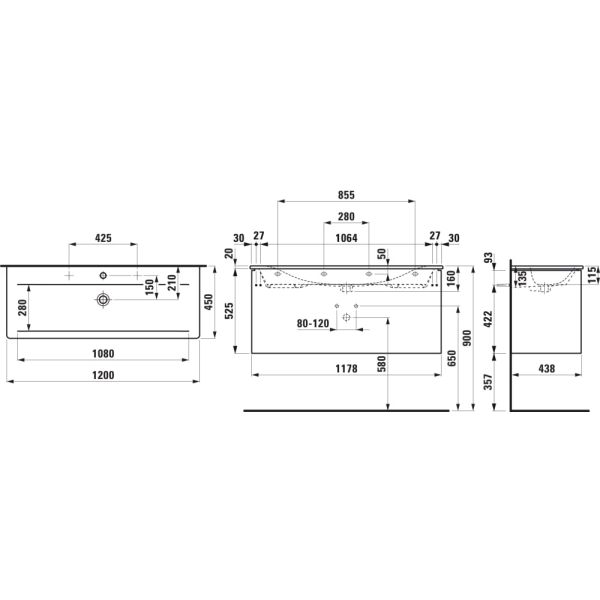 LAUFEN PALACE Umývadlo slim so skrinkou 120 cm, s 2 zásuvkami, vr. deliaceho systému do zásuviek, úchytka z tmavého hliníka (mat), 1200x450x545 mm, Tmavohnedý brest 263, H8617092631071