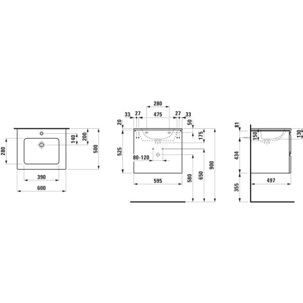 LAUFEN LAUFEN PRO S Umývadlo so skrinkou, 600x500x545 mm, Biela 463, H8619614631041