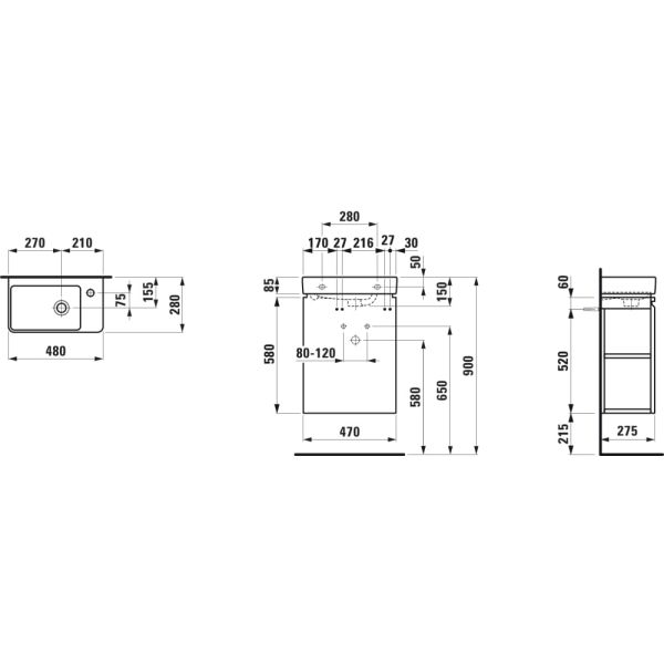 LAUFEN LAUFEN PRO S Umývadielko asymetrické pravé H815954 so skrinkou, vr. sifónu a upevňovacie sady, 480x280x690 mm, Biela 475, H8629644751041