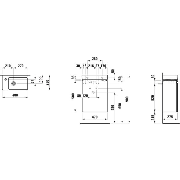 LAUFEN LAUFEN PRO S Umývadielko asymetrické ľavé H815955 so skrinkou, vr. sifónu a upevňovacie sady, 480x280x690 mm, Biela 475, H8629654751041