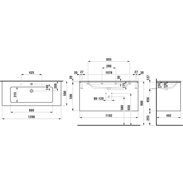 LAUFEN LAUFEN PRO S Umývadlo slim so skrinkou 120 cm, s 2 zásuvkami, vr. deliaceho systému do zásuviek, 1200x500x610 mm, Tmavohnedý brest 263, H8649632631071