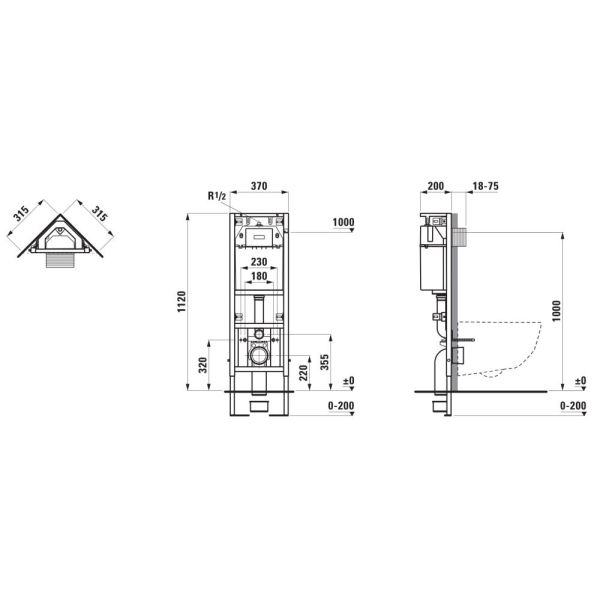 LAUFEN INEO Rámový podomietkový modul pre rohovú montáž, pre závesné WC, do ľahkej priečky, Dual Flush 6/3 l, nastaviteľné aj na 4,5/3 l, s nádržkou proti oroseniu, H9201190000001