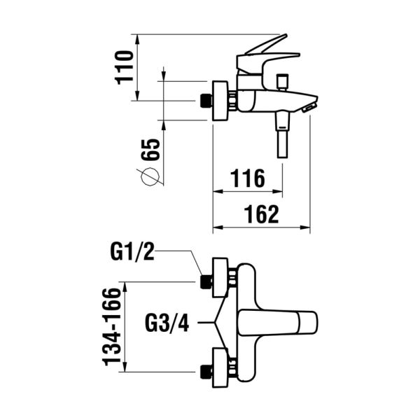 LAUFEN LAURIN Vaňová nástenná páková batéria, s ručnou sprchou 80 mm a syntetickou sprchovou hadicou 1600 mm, Chróm 100, HF500760100600