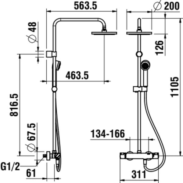 LAUFEN CITYPRO Sprchový stĺp, termostatická batéria, hlavová sprcha s dažďovým efektom, priemer 206 mm, sprchová hadica 1500 mm, ručná sprcha AquaJet mono, Chróm 100, HF500957100600