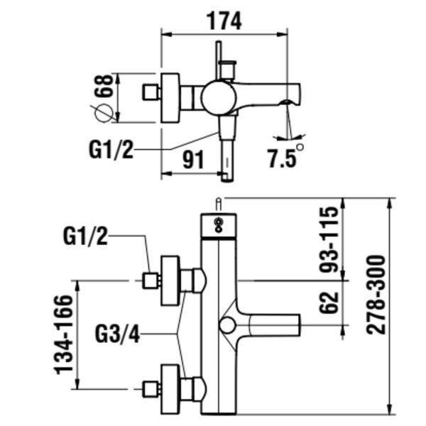 LAUFEN TWINPLUS SLIM Vaňová nástenná páková batéria, so sprchovou hadicou 1500 mm a ručnou sprchou MyTwin100, PVD inox kartáčovaná oceľ 423, HF505460423600