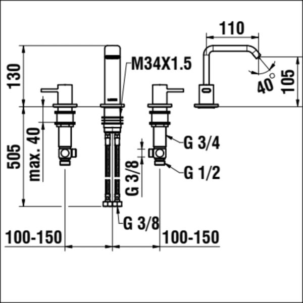 LAUFEN MEDA Umývadlová 3-otvorová stojančeková batéria, pevný výtok 110 mm, bez automatického výpustu, Chróm 100, HF506612100000