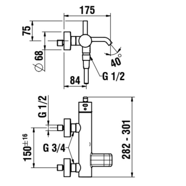 LAUFEN MEDA Vaňová nástenná páková batéria kompletná (sprchová hadica SimiFlex + hlavová sprcha MyTwin100), rozteč armatúr 150 mm, Chróm 100, HF506660100600